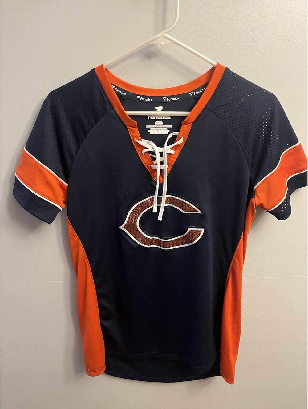 Fanatics NFL Chicago Bears Sparkle LaceUp Women Sexy Jersey Shirt Size M